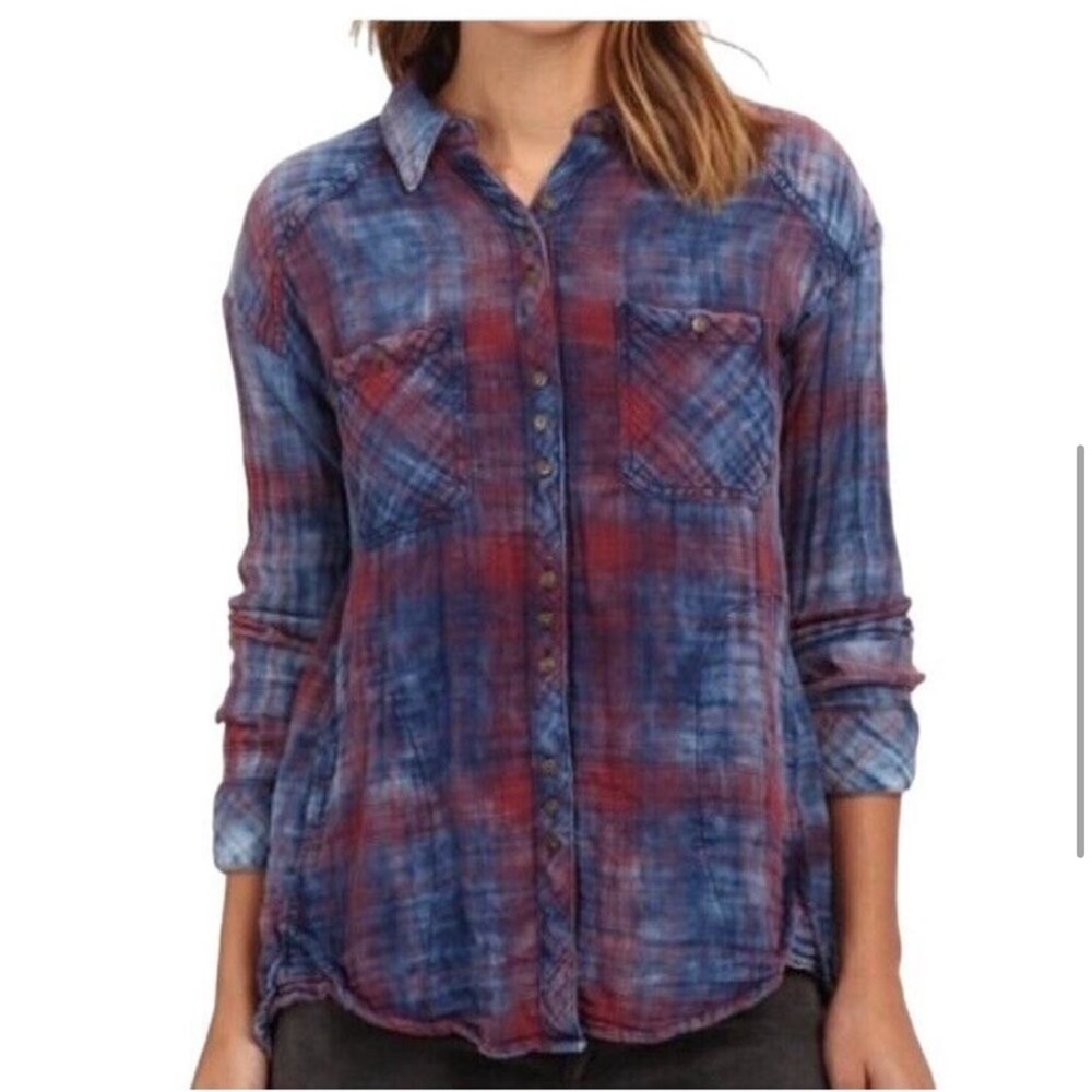 Free People Double Dip Dyed Plaid Flannel Shirt Shacket Large